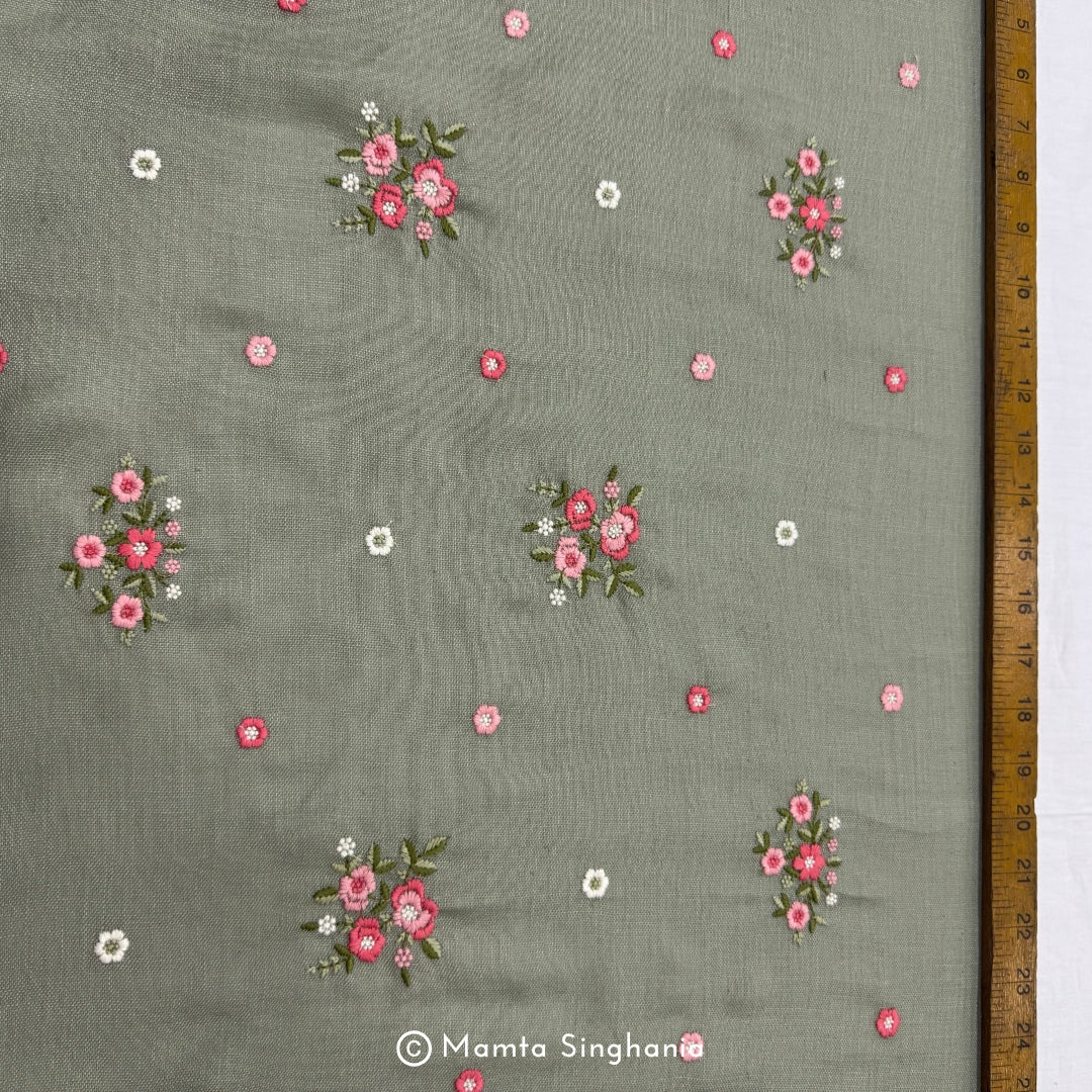 Khaki Green Floral Embroidered Linen Fabric