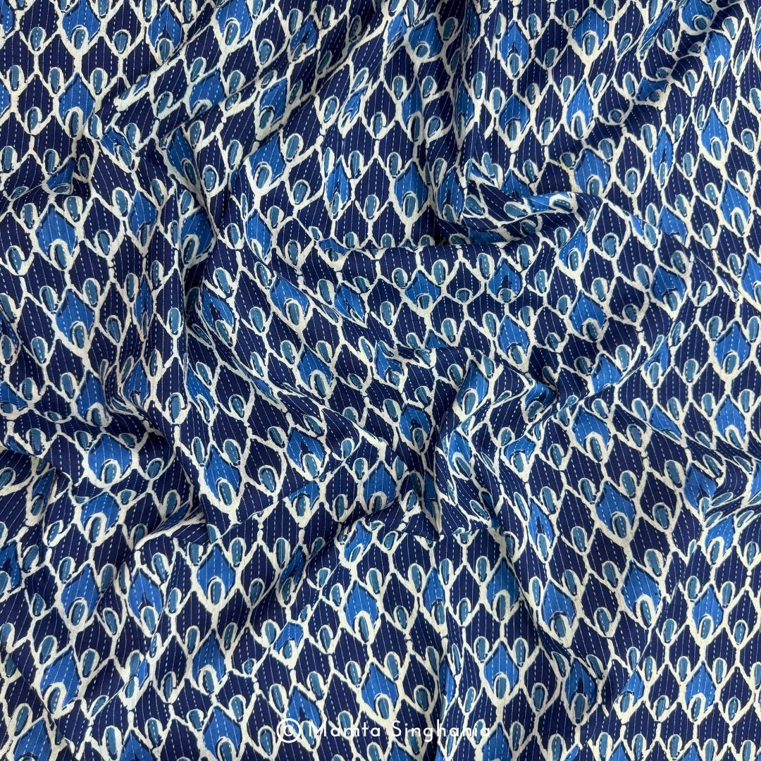 Blue Printed Kantha Cotton Fabric