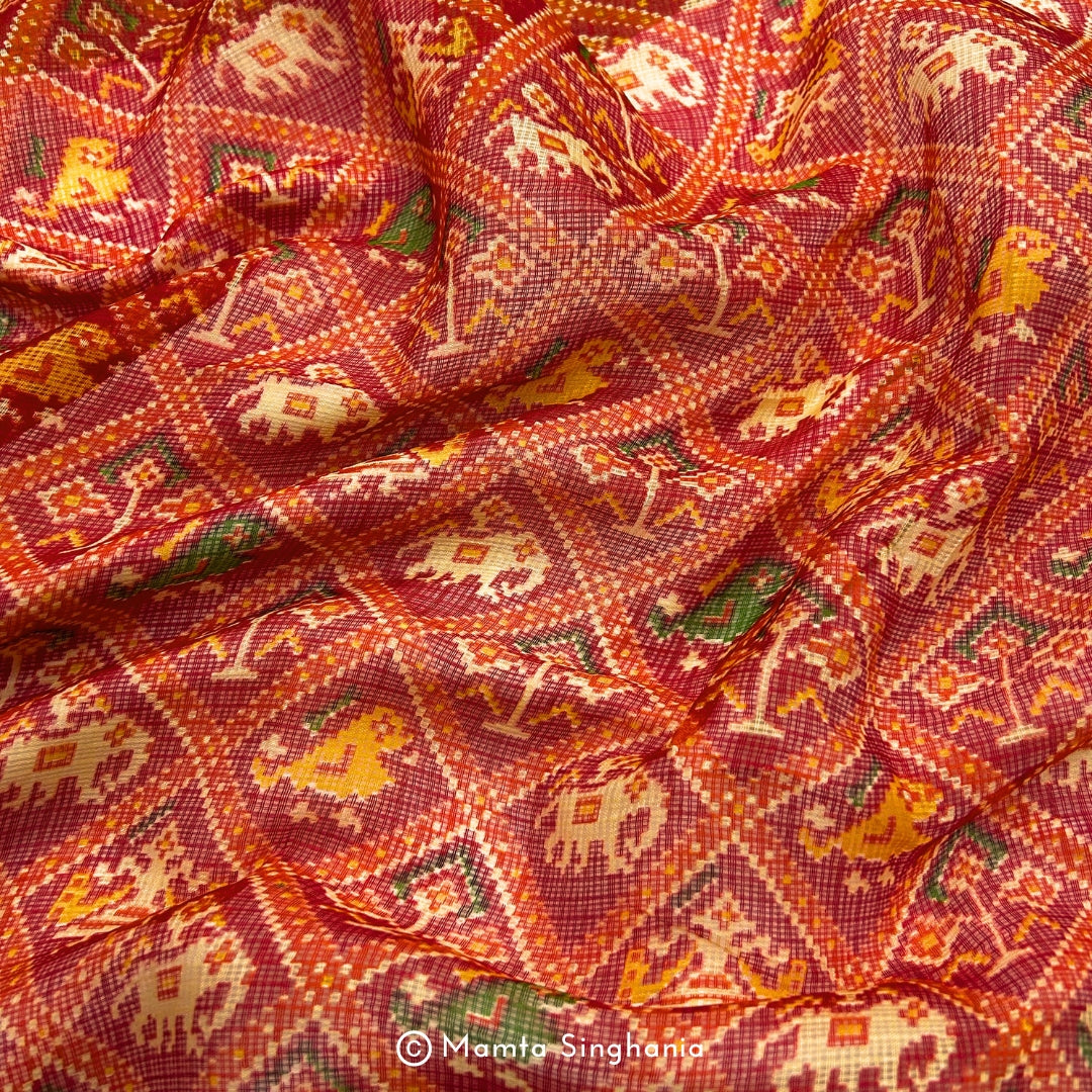 Red Patola Printed Kota Doria Fabric