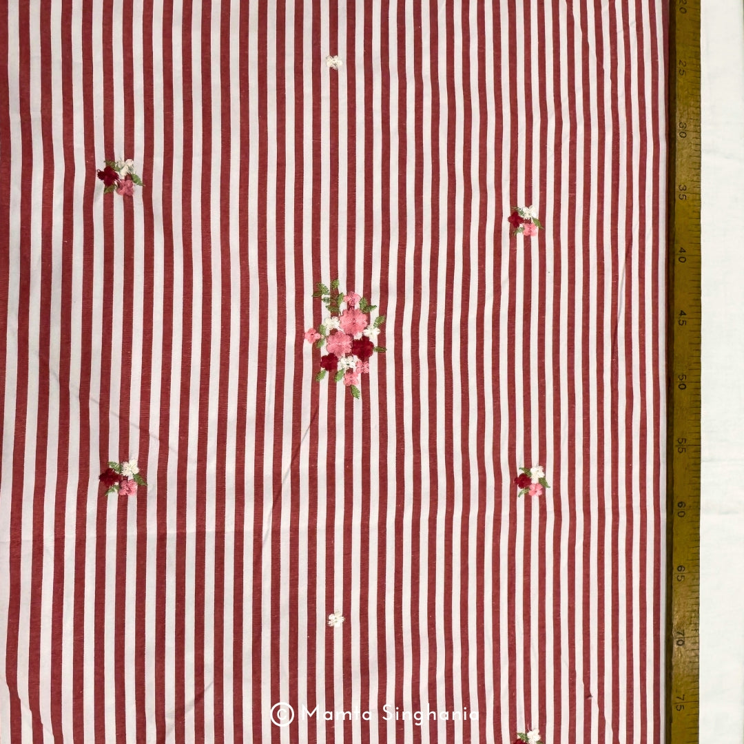 Red Floral Embroidered Mul Cotton Fabric 56"