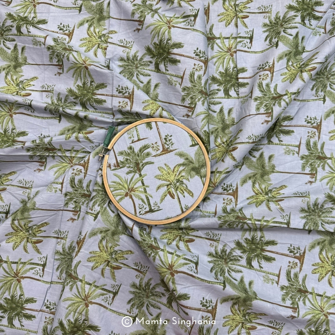 Grey Coconut Tree Printed Cotton Fabric