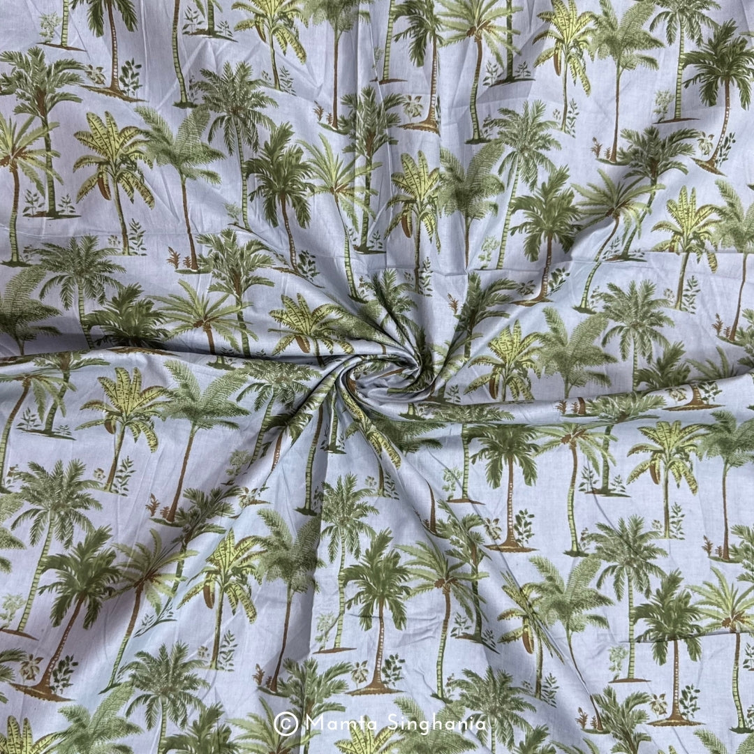 Grey Coconut Tree Printed Cotton Fabric