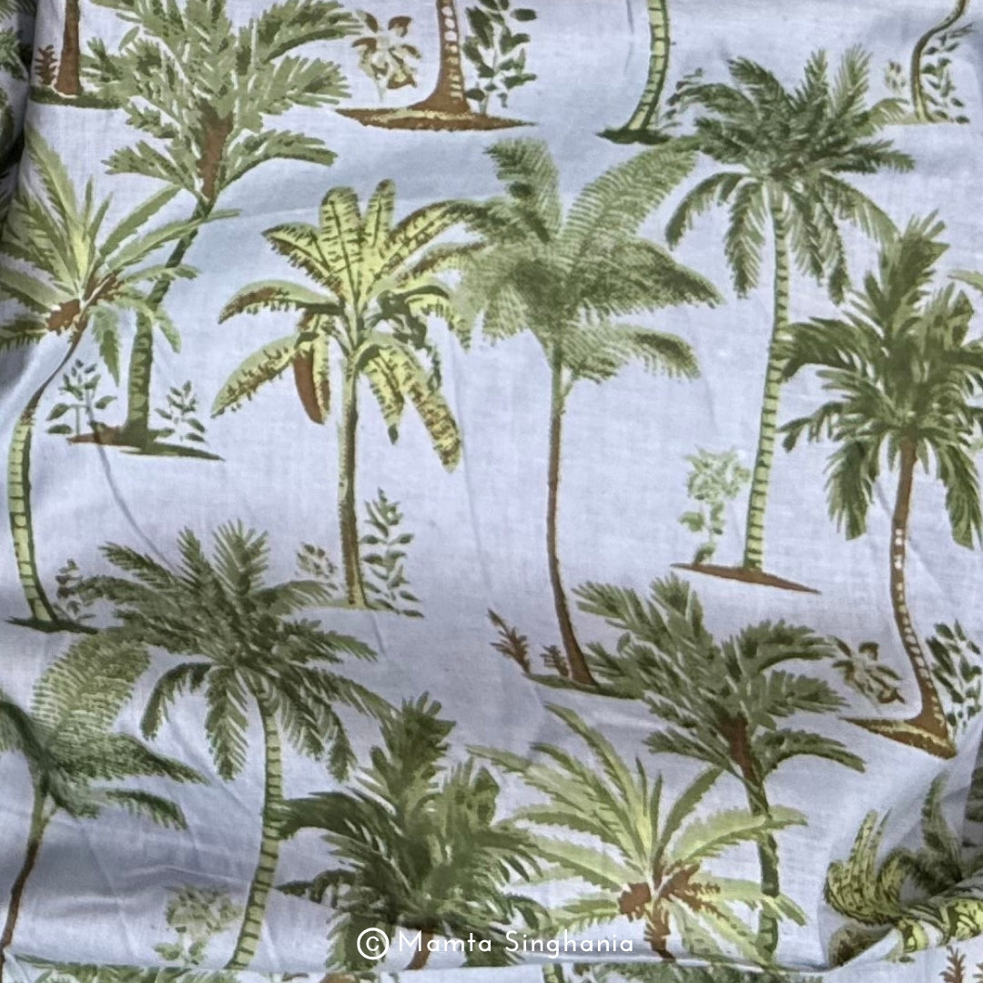 Grey Coconut Tree Printed Cotton Fabric