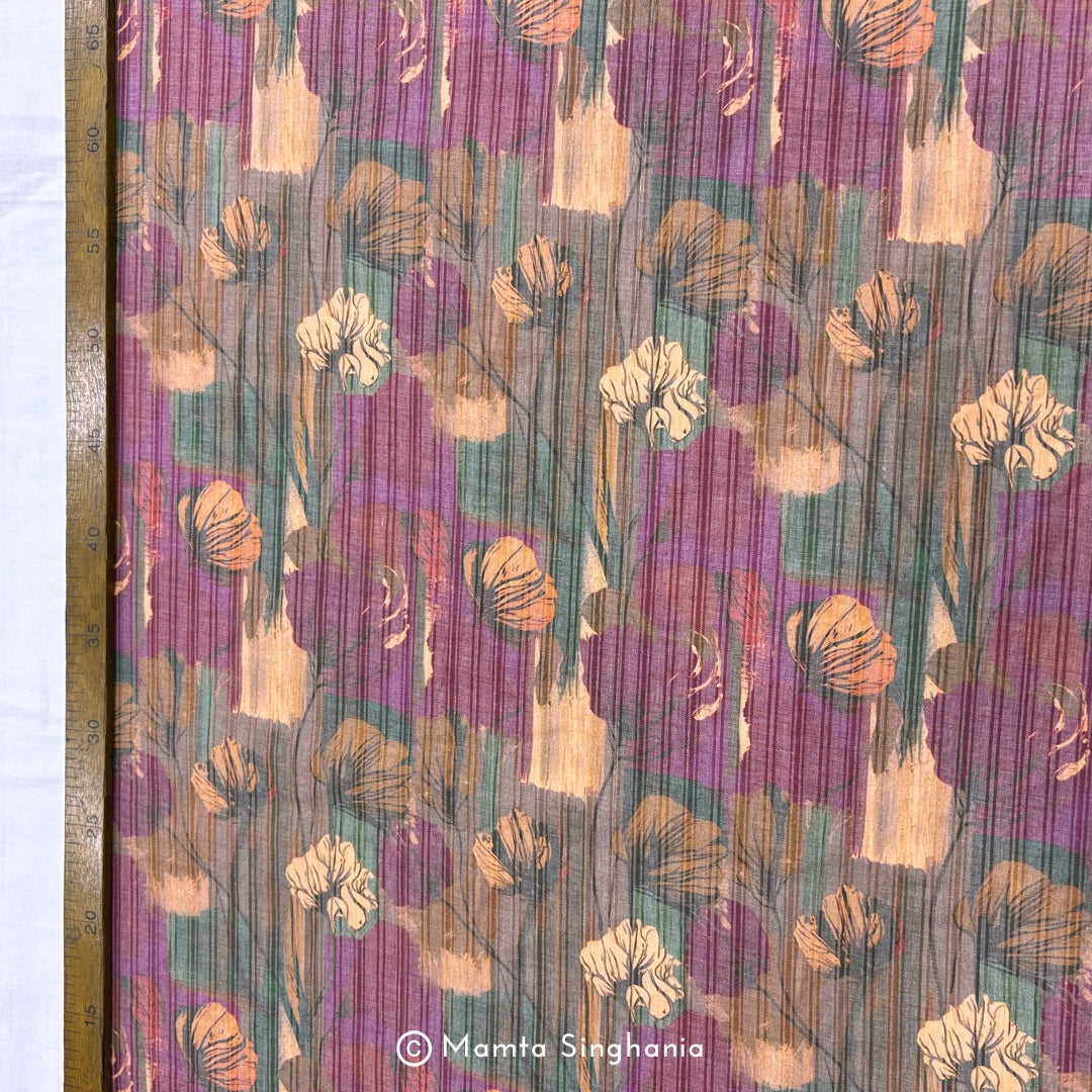 Mauve Peach Floral Printed Self Weave Cotton Fabric