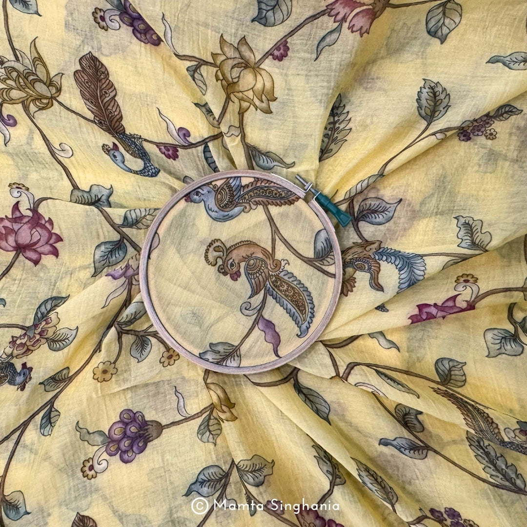 Yellow Floral Pichwai Printed Mul Chanderi Fabric