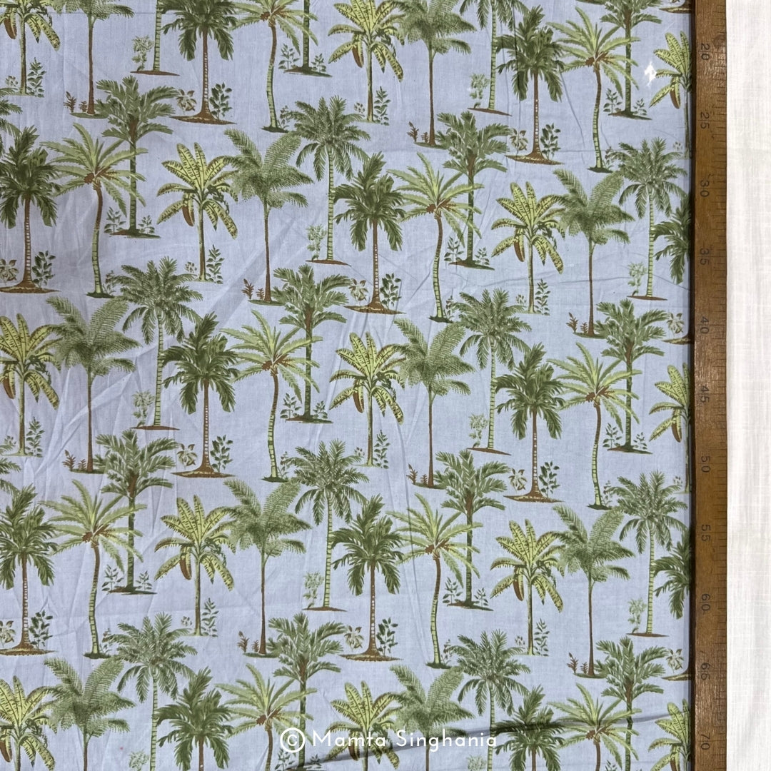 Grey Coconut Tree Printed Cotton Fabric