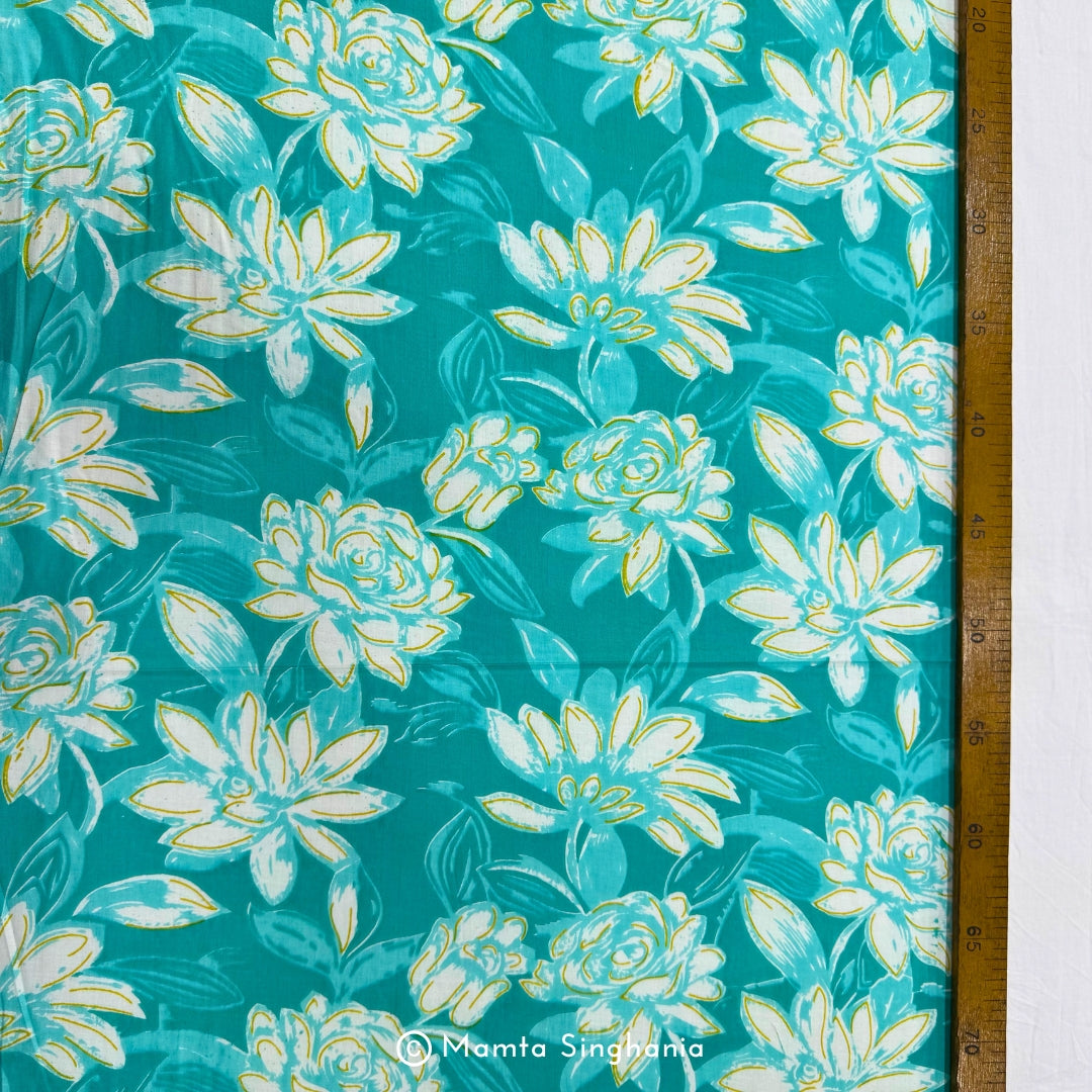 Aqua Blue Floral Printed Cotton Fabric