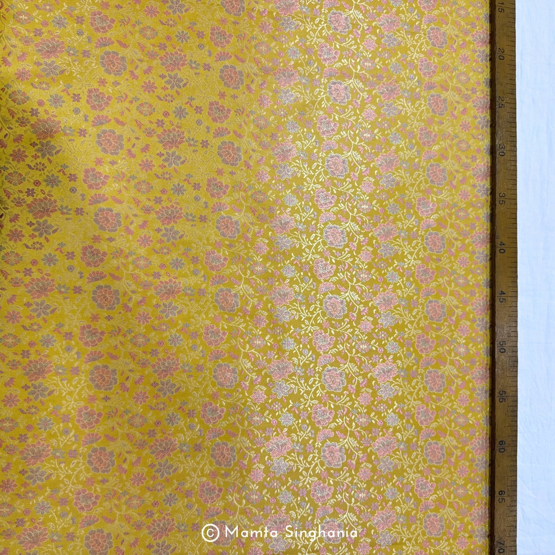 Yellow Floral Banarasi Brocade Katan Silk Fabric