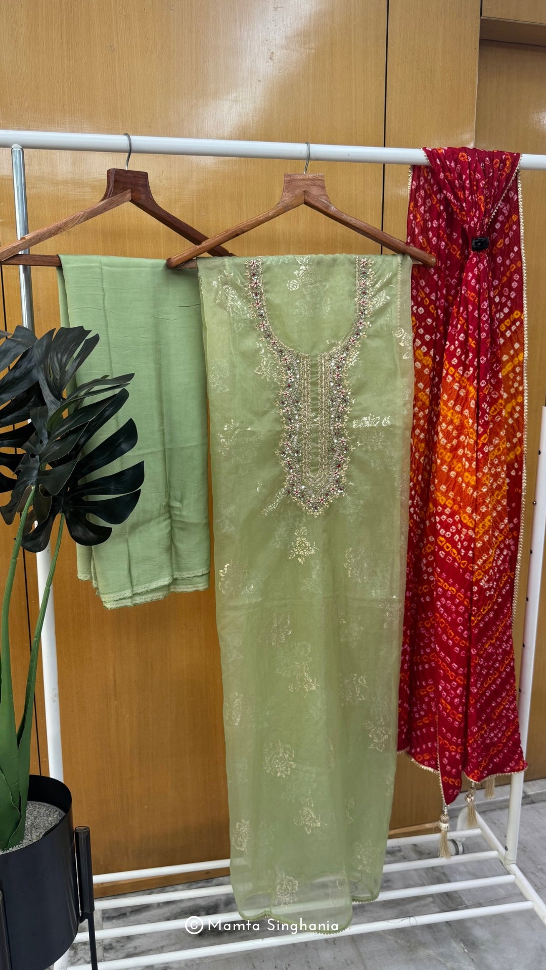 Green Zardozi Foil Printed Unstitched Suit Set