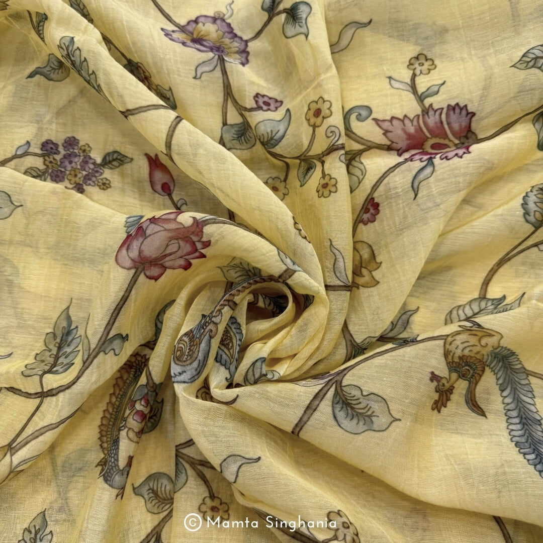 Yellow Floral Pichwai Printed Mul Chanderi Fabric