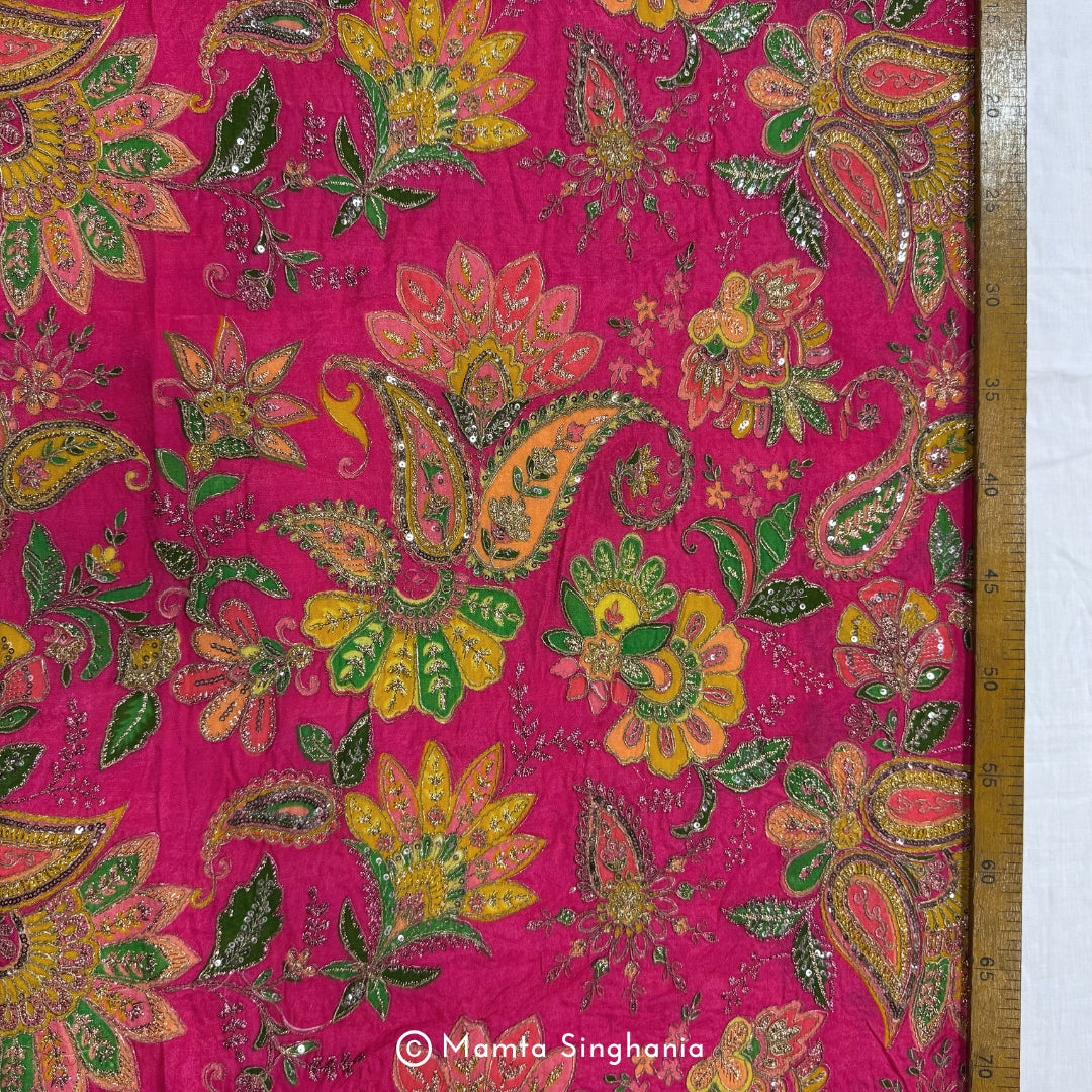 Pink Floral Embroidered Silk Crepe Lehenga Fabric