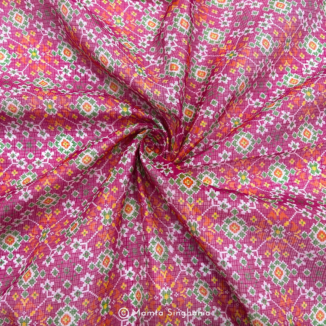 Orange Pink Patola Printed Kota Doria Fabric