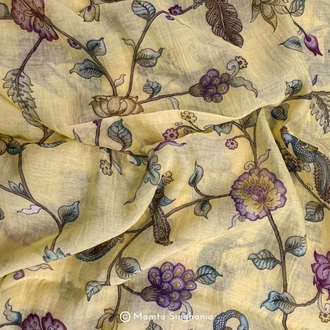 Yellow Floral Pichwai Printed Mul Chanderi Fabric