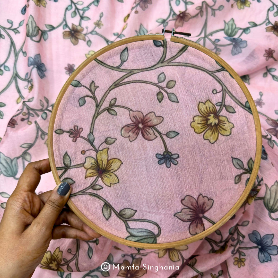 Pink Floral Pichwai Printed Mul Chanderi Fabric