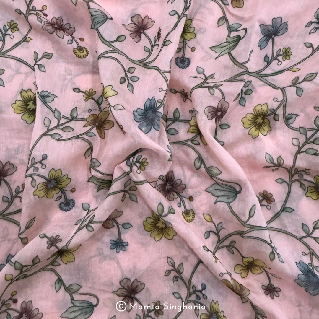 Pink Floral Pichwai Printed Mul Chanderi Fabric