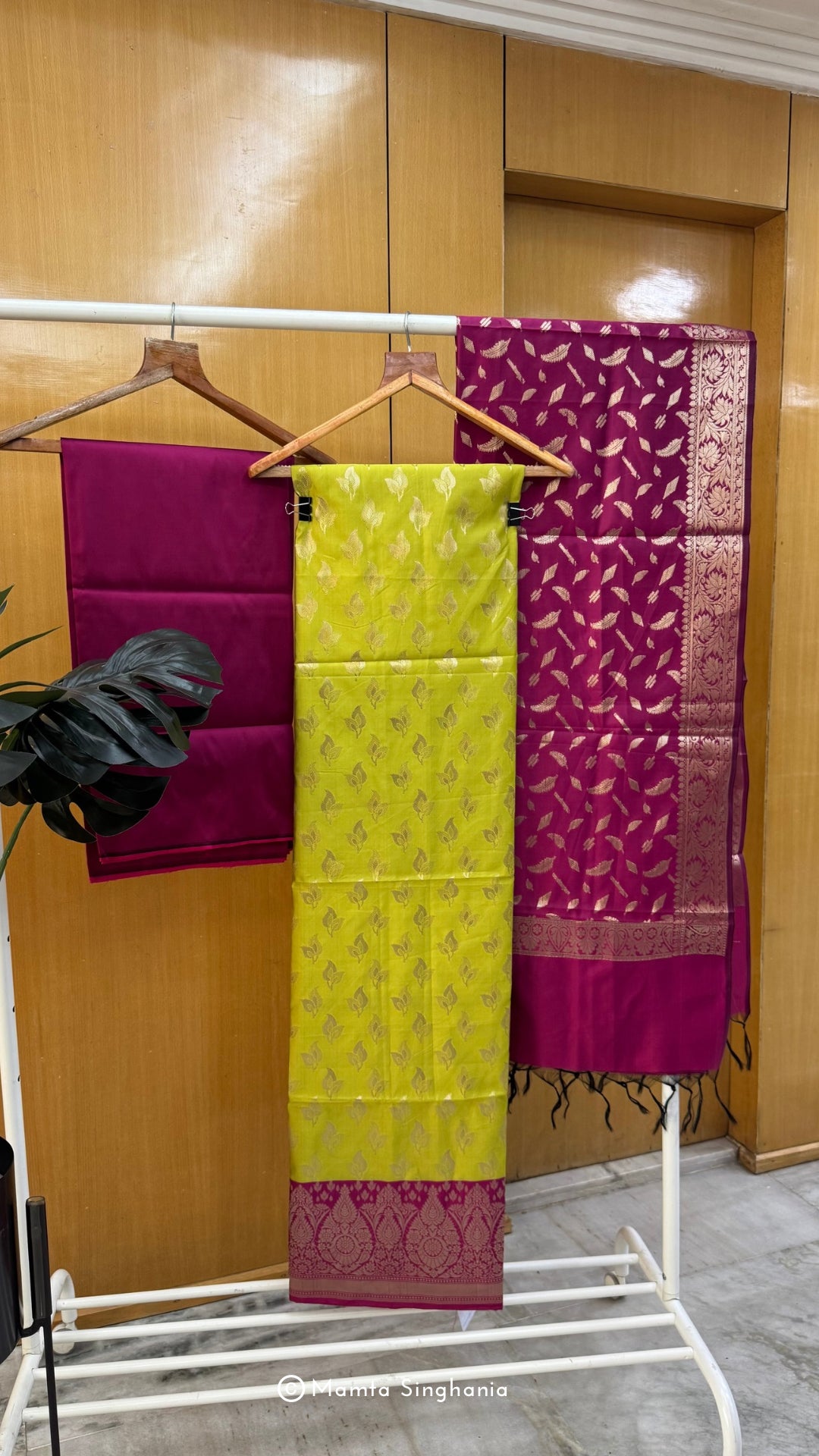 Parrot Green Magenta Pink Banarasi Brocade Suit Set