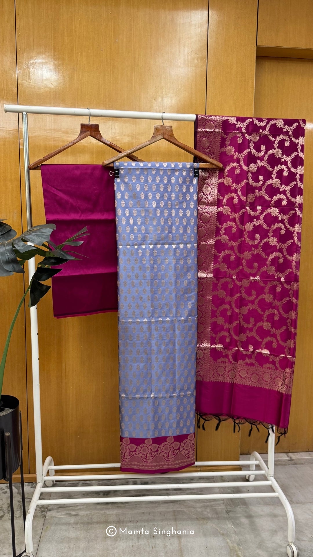 Cornflower Blue Magenta Pink Banarasi Brocade Suit Set