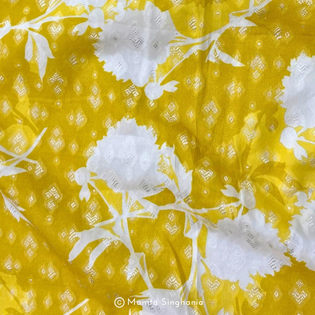 Yellow Floral Printed Self Weave Cotton Fabric