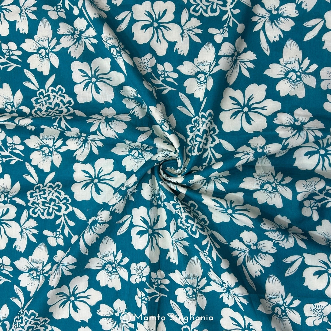 Teal Blue Floral Printed Cotton Fabric