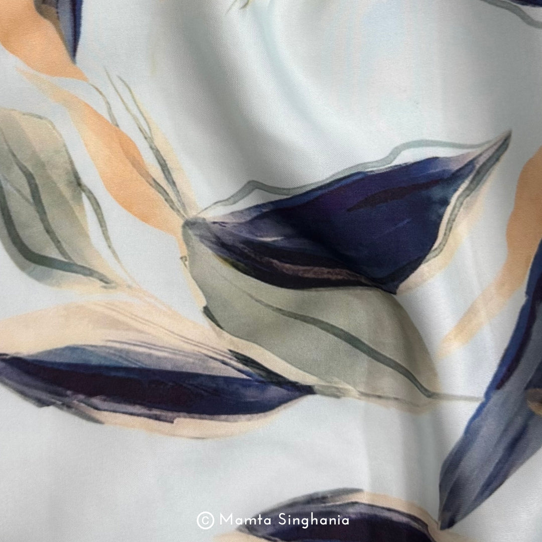 Blue Leaf Printed Modal Satin