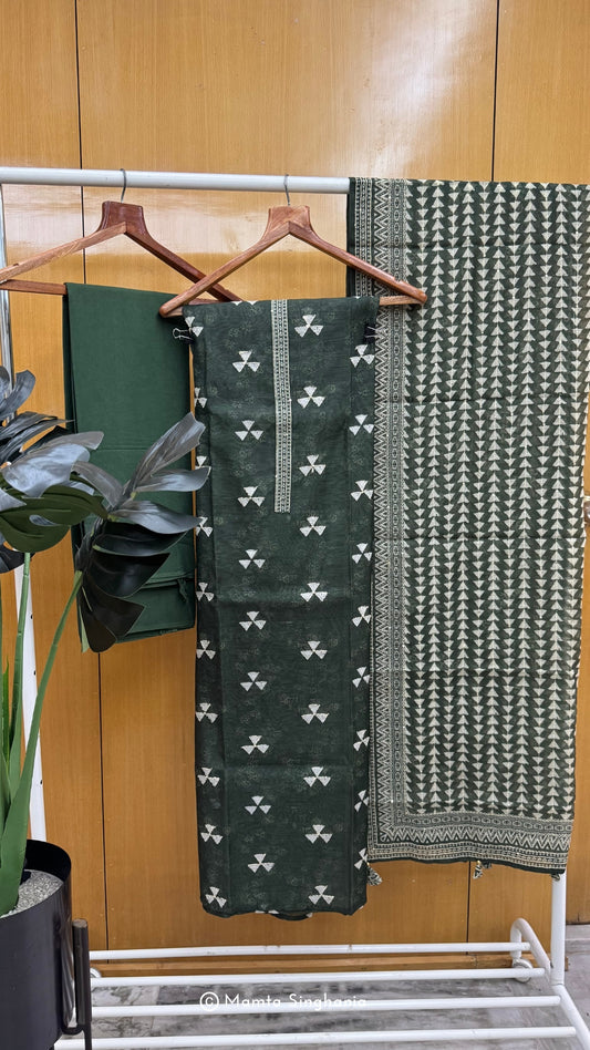Forest Green Kantha Embroidered Unstitched Suit Set