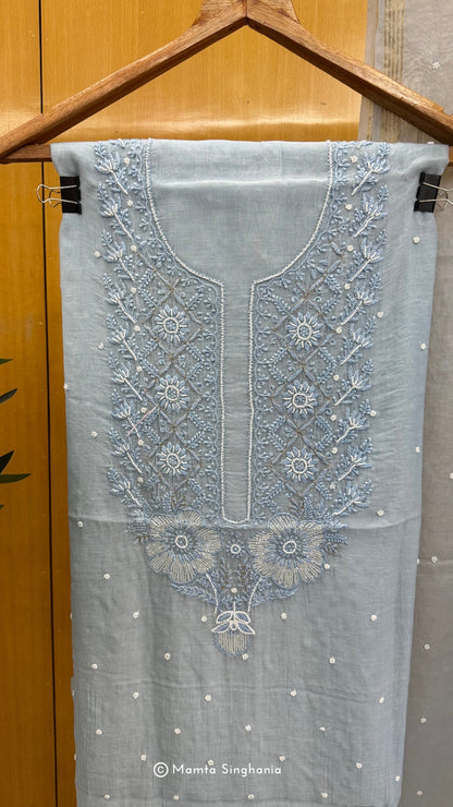 Powder Blue Mul Chanderi Unstitched Chikankari Suit Set