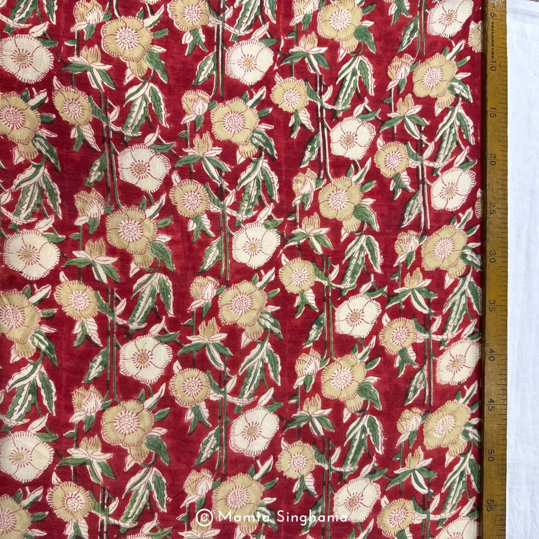 Red Floral Printed Mul Chanderi Fabric