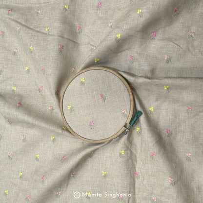 Beige Floral Embroidered Linen Fabric