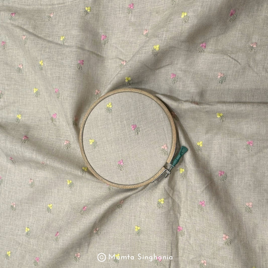 Beige Floral Embroidered Linen Fabric