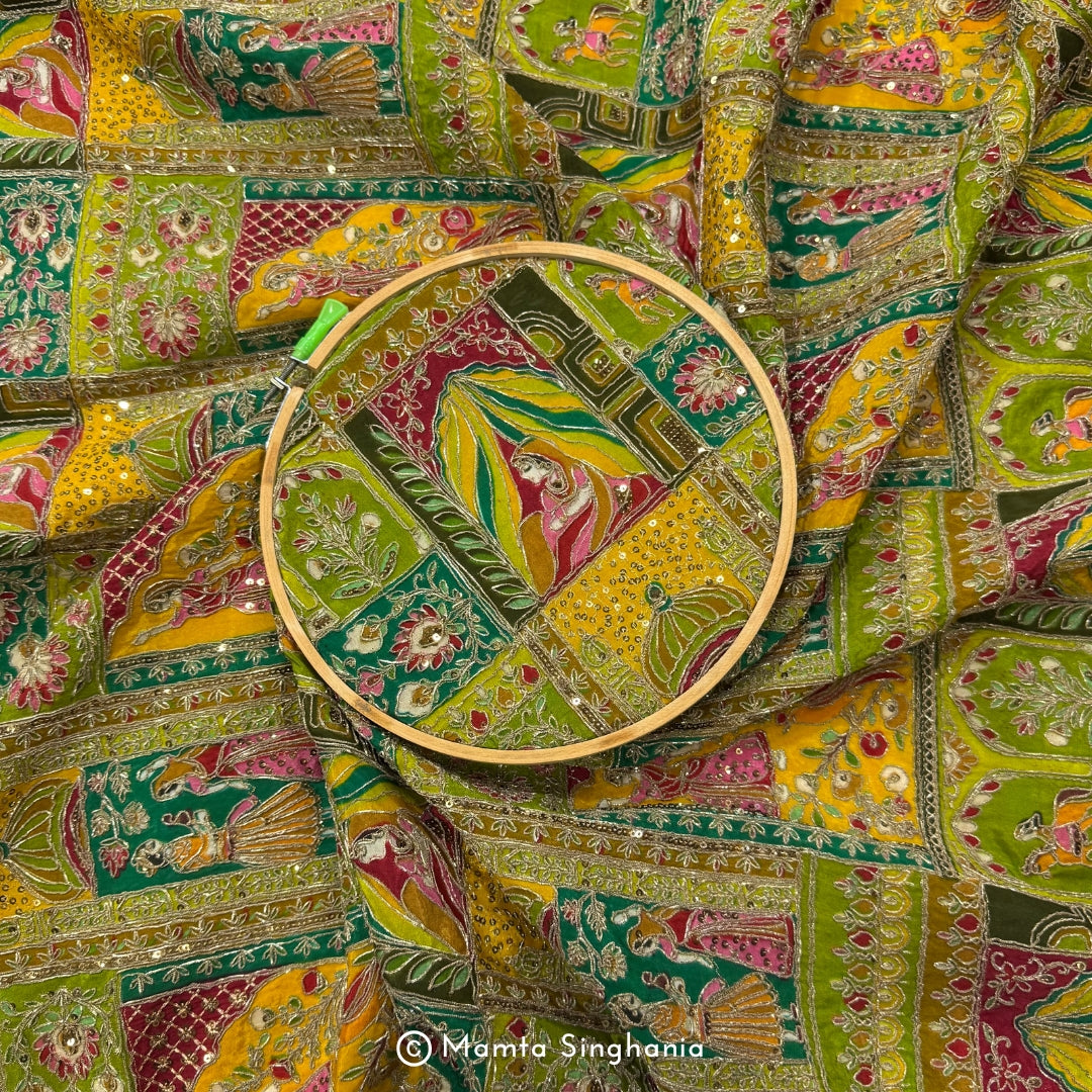 Green Traditional Figure Embroidered Silk Crepe Lehenga Fabric (1.75m)