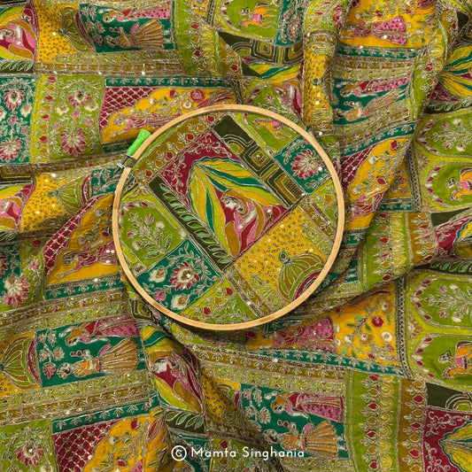 Green Traditional Figure Embroidered Silk Crepe Lehenga Fabric