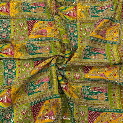 Green Traditional Figure Embroidered Silk Crepe Lehenga Fabric (1.75m)