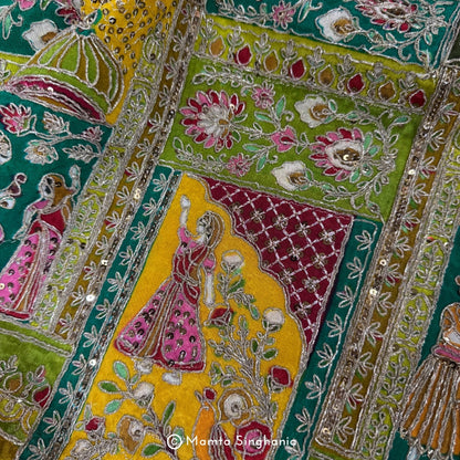 Green Traditional Figure Embroidered Silk Crepe Lehenga Fabric (1.75m)