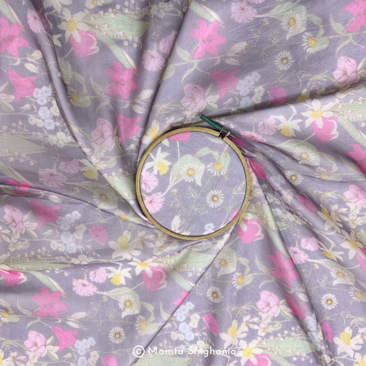 Lavender Floral Printed Organza Silk Fabric