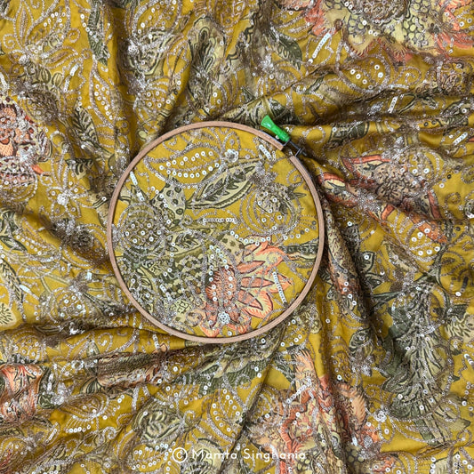 Yellow Floral Embroidered Silk Crepe Lehenga Fabric