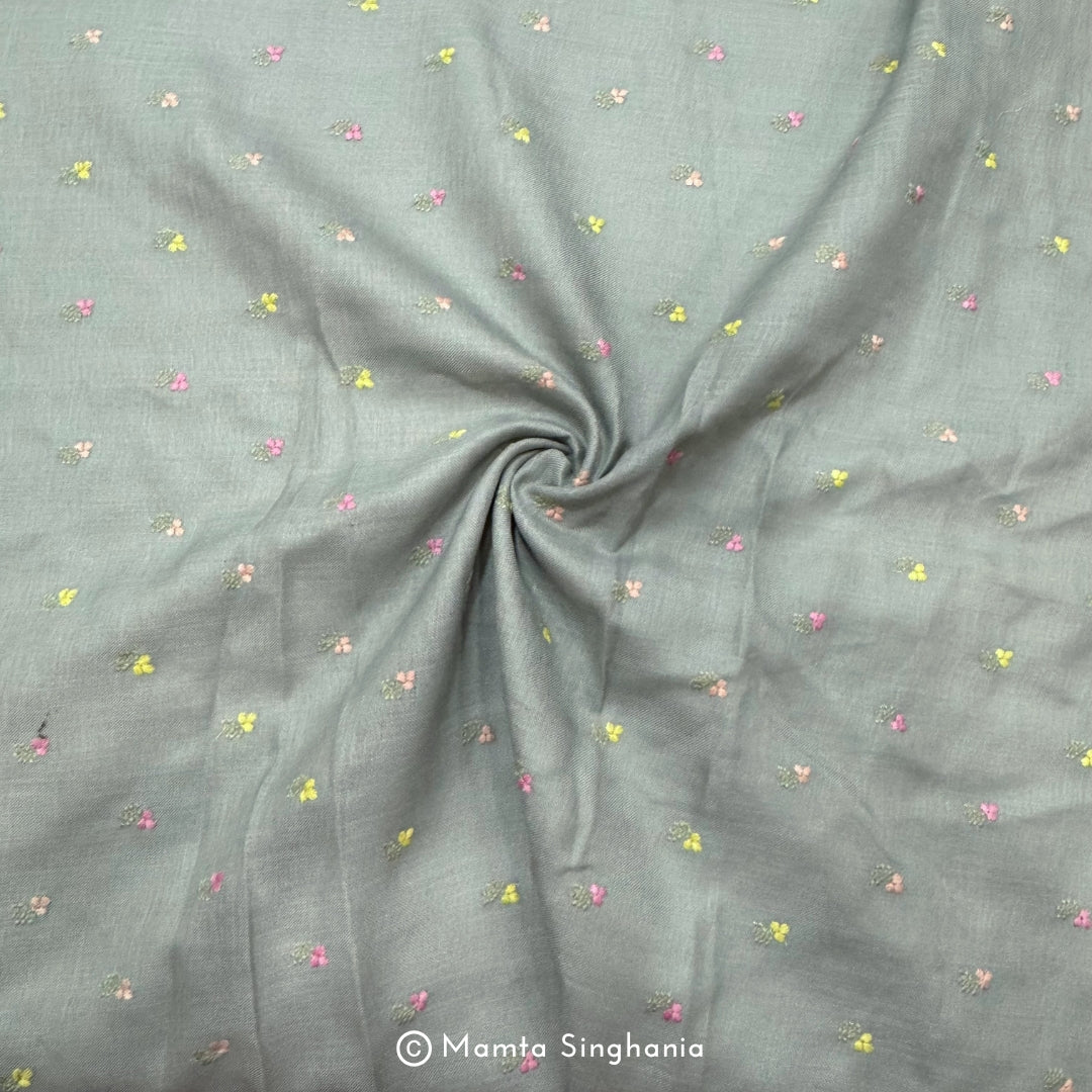 Sage Green Floral Embroidered Linen Fabric
