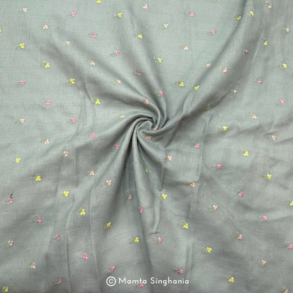 Sage Green Floral Embroidered Linen Fabric