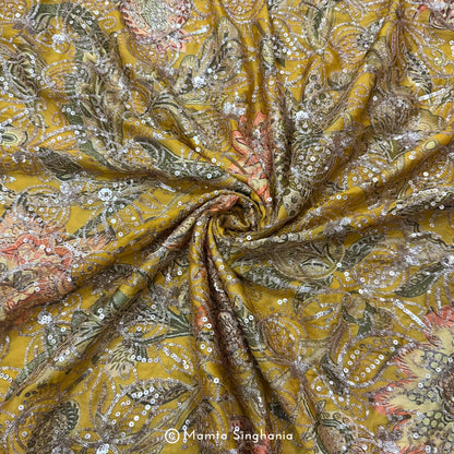 Yellow Floral Embroidered Silk Crepe Lehenga Fabric