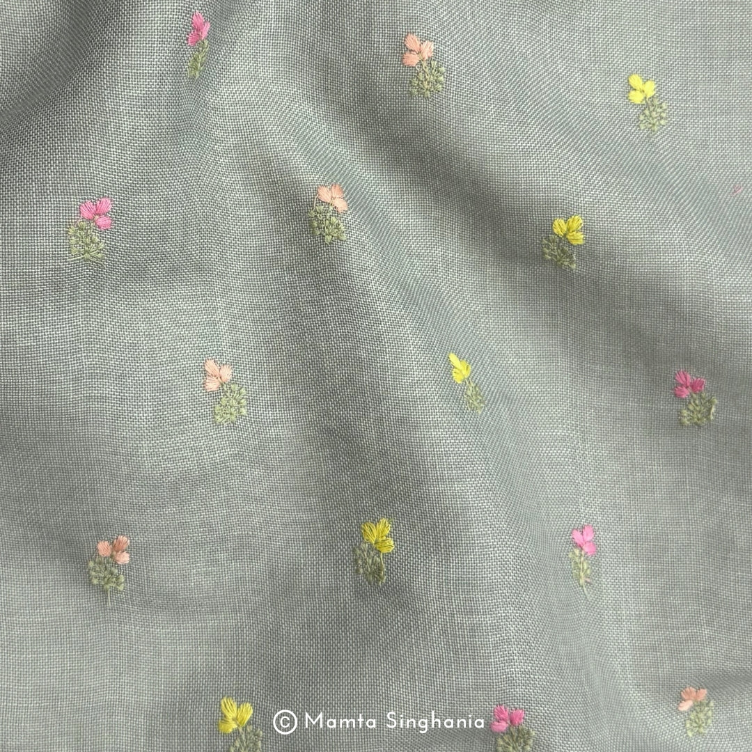 Sage Green Floral Embroidered Linen Fabric