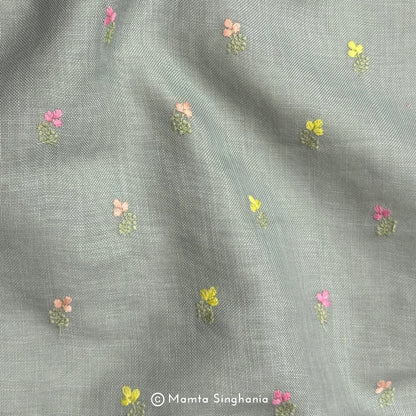 Sage Green Floral Embroidered Linen Fabric