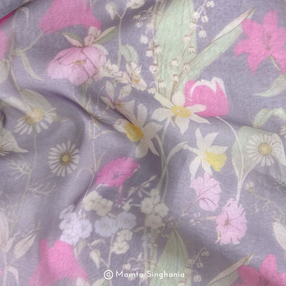 Lavender Floral Printed Organza Silk Fabric