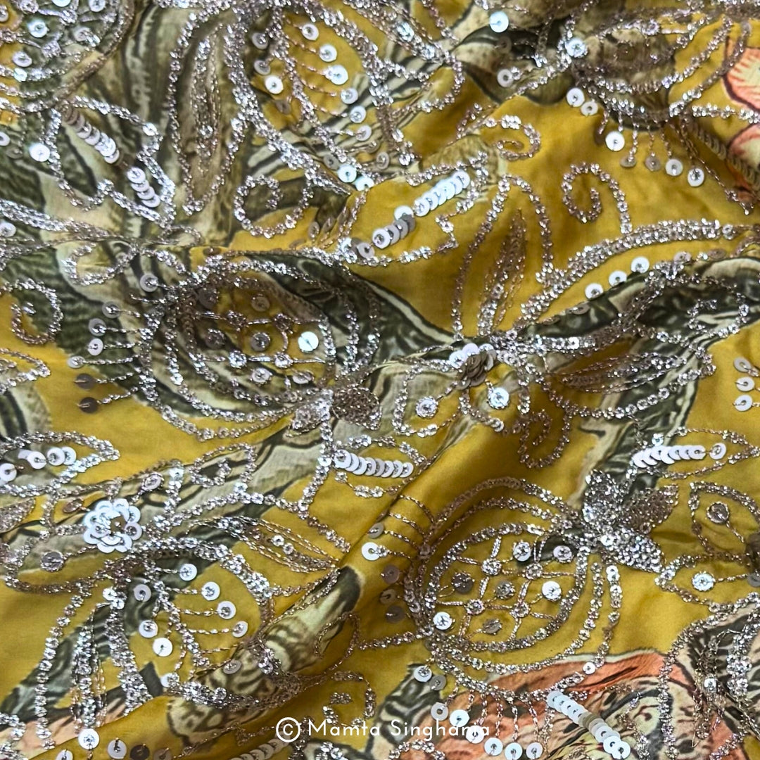 Yellow Floral Embroidered Silk Crepe Lehenga Fabric