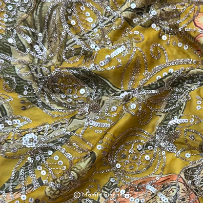 Yellow Floral Embroidered Silk Crepe Lehenga Fabric