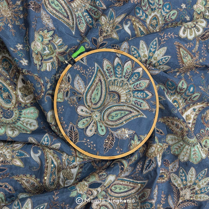 Coral Blue Floral Embroidered Silk Crepe Lehenga Fabric