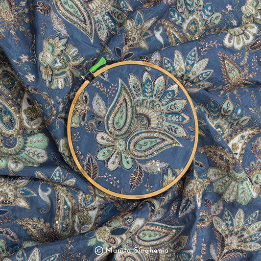 Coral Blue Floral Embroidered Silk Crepe Lehenga Fabric