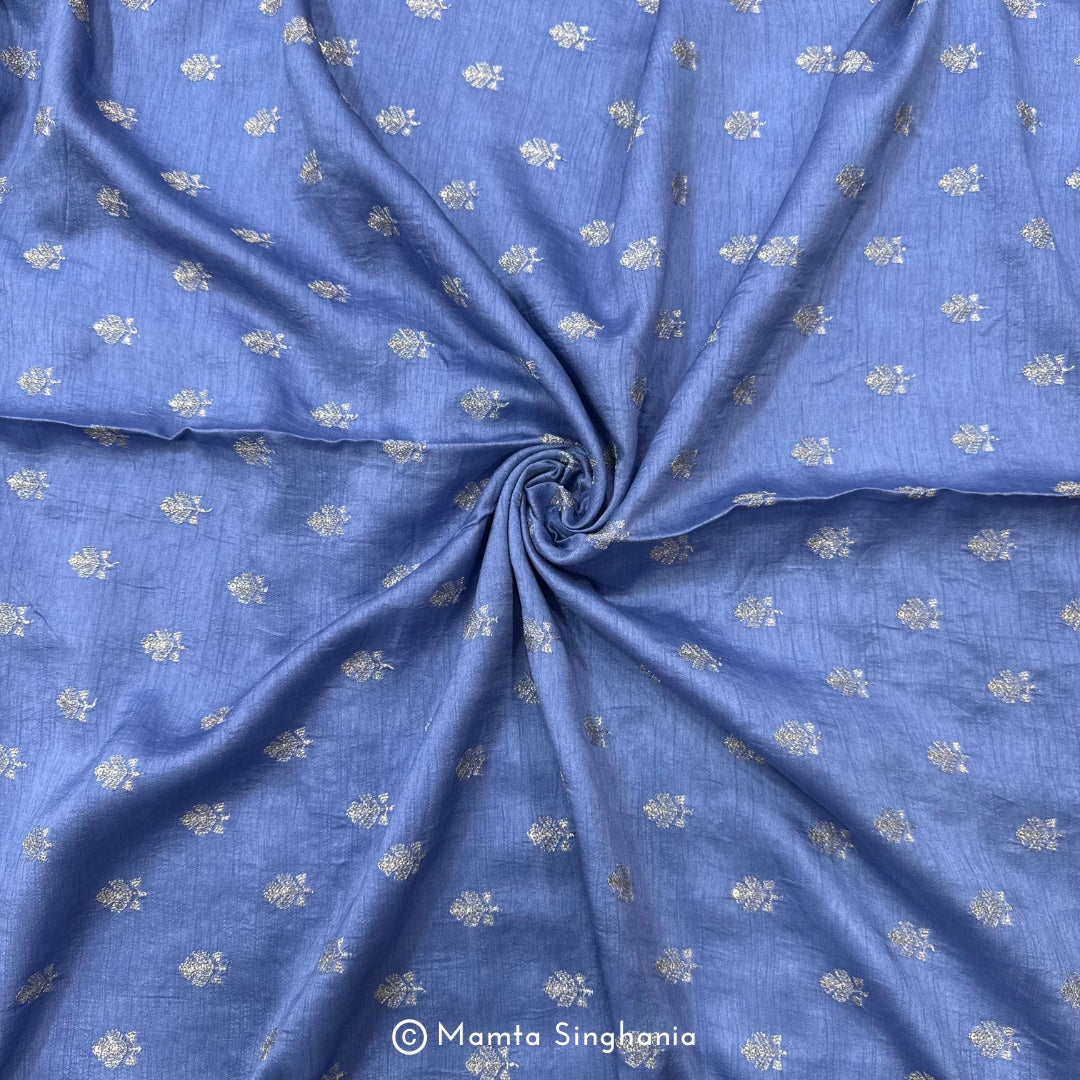 Royal Blue Floral Embroidered Raw Silk Fabric
