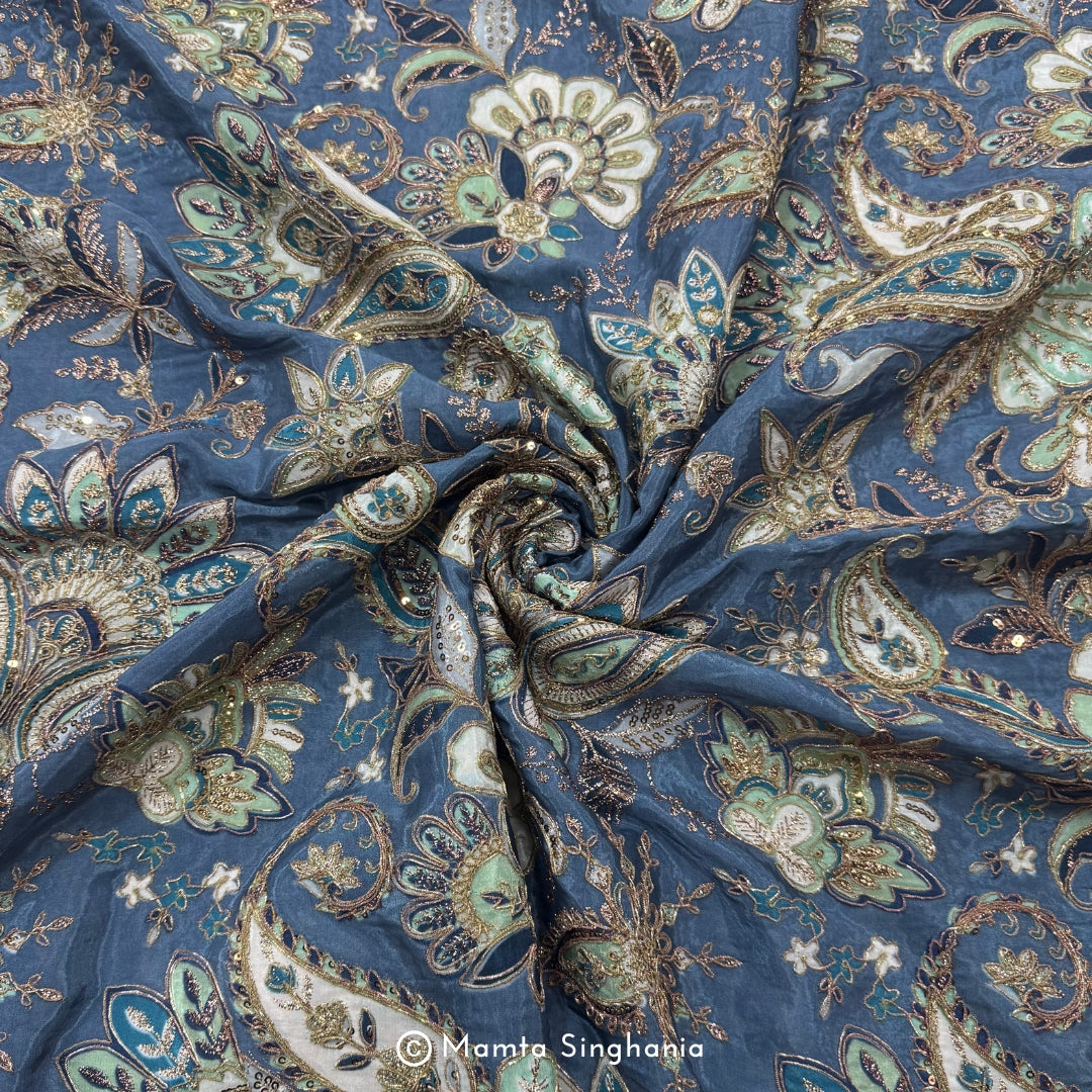 Coral Blue Floral Embroidered Silk Crepe Lehenga Fabric