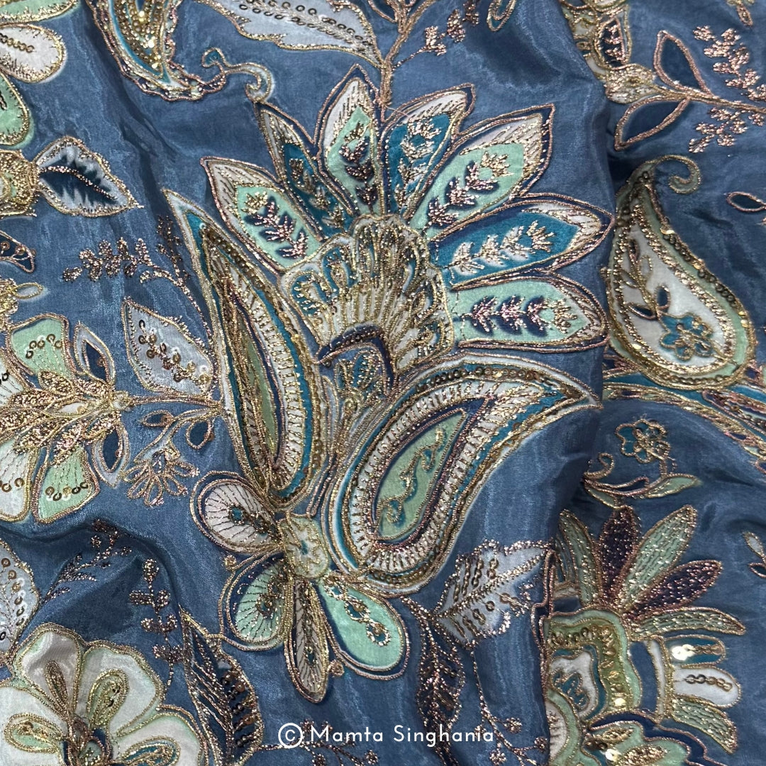Coral Blue Floral Embroidered Silk Crepe Lehenga Fabric