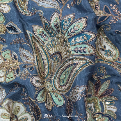Coral Blue Floral Embroidered Silk Crepe Lehenga Fabric