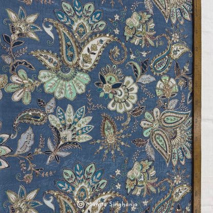 Coral Blue Floral Embroidered Silk Crepe Lehenga Fabric